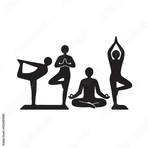 Silhouettes of People Practicing Various Yoga Poses and Meditation