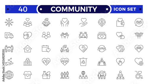 Community Outline icon set. Containing people, friendship, social, diversity, village, relationships, support and community development icons. People, social, group, human, team, population.