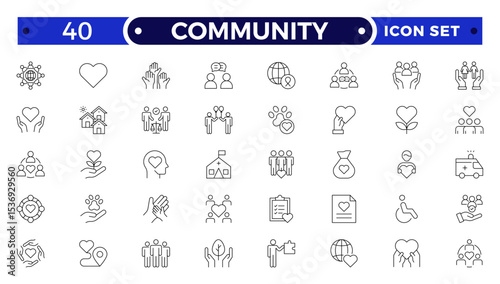 Community Outline icon set. Containing people, friendship, social, diversity, village, relationships, support and community development icons. People, social, group, human, team, population.
