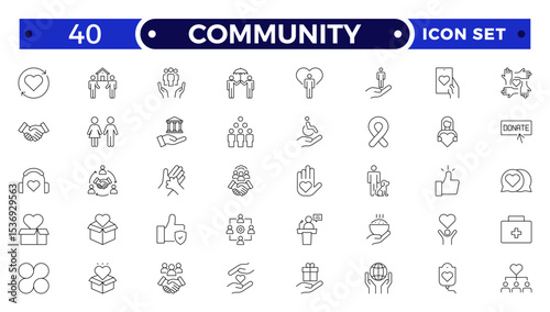 Community Outline icon set. Containing people, friendship, social, diversity, village, relationships, support and community development icons. People, social, group, human, team, population.