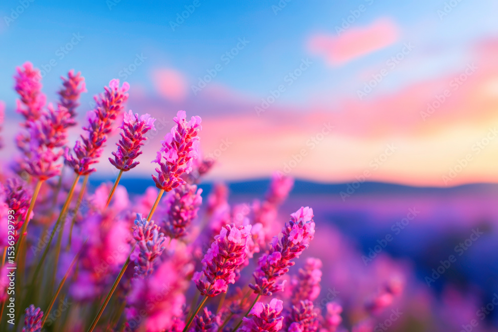Fototapeta premium Sunset Lavender Field Vibrant Purple Blooms at Golden Hour Photography