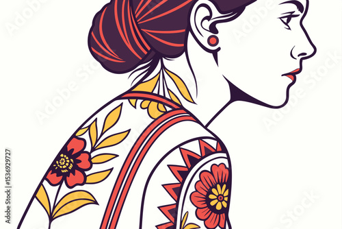 A beautiful vector illustration of a girl with a wreath of flowers and feathers decorating her hair, showcasing her face in a fashionable art style
