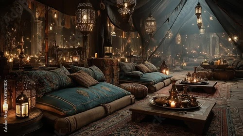 Captivating Arabian Nights Ambiance: Exotic Tent Interior with Enchanting Lighting and Luxurious Decor