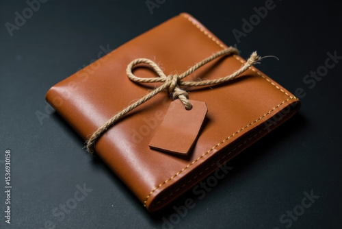 A brown leather wallet with a tag attached, suitable for travel or adventure photography