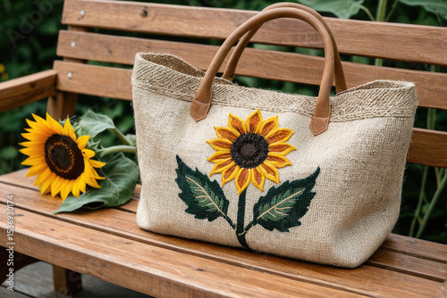 A sunflower design is embroidered on a tote bag, placed on a bench for display