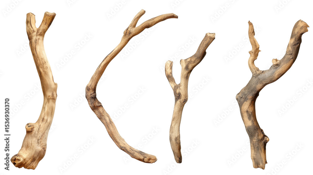 Fototapeta premium Unique collection of driftwood pieces arranged artistically, showcasing natural shapes and textures found by the riverside on a sunny afternoon.