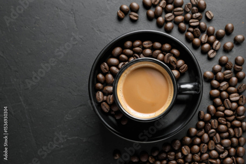A cup of coffee surrounded by coffee beans, perfect for a cozy morning