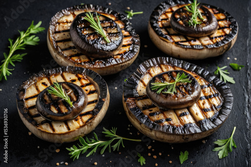 A close-up view of a group of grilled mushrooms sitting on a dark surface, perfect for food and culinary-themed projects