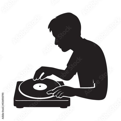 Silhouette of DJ Mixing Music on Turntable in Studio