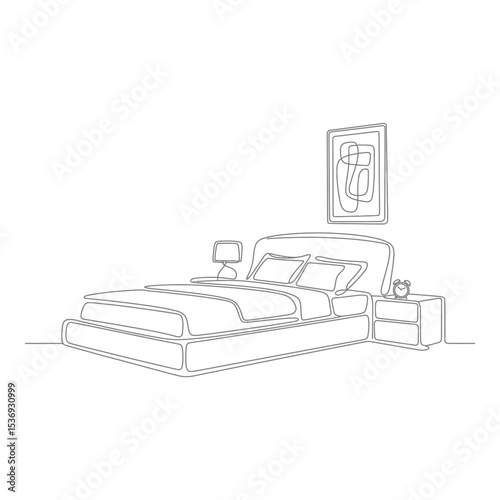 Bedroom interior with bed and bedside table isolated on white background