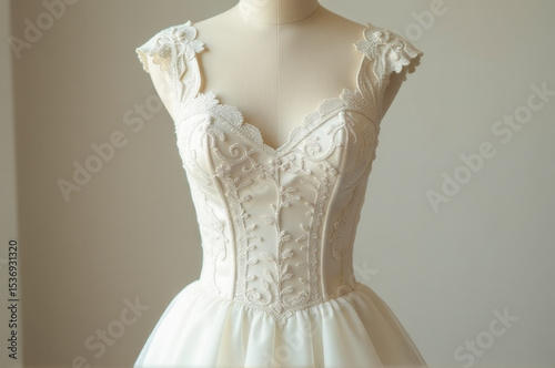 A white wedding dress displayed on a mannequin, perfect for fashion or wedding inspiration