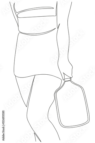 Silhouette of an elegantly standing girl in sports skirt and with  racket in her lowered hand. Hand drawn minimal vector illustration in black and white. Isolated on white background