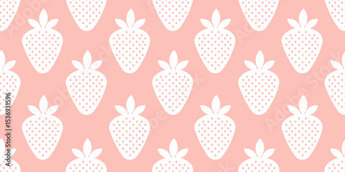 Repeat pattern of white strawberries on soft pink background. Whole berries with seeds. Ideal for summer themed design, decor, or food illustration. 
