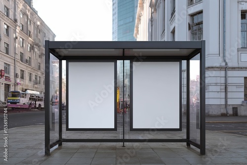 Empty bus shelter at street level in urban setting with white poster space