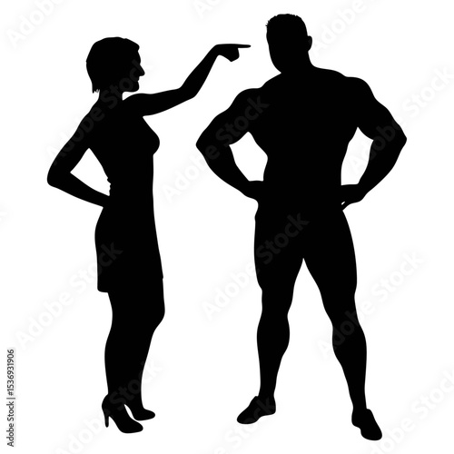 Silhouette of a woman pointing at a muscular man standing with hands on his hips