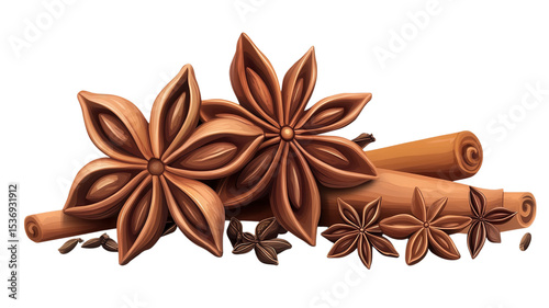 Delicate floral shapes of star anise accompanied by cinnamon sticks and coffee beans on a bright background evoke warm sensations of spice and comfort.