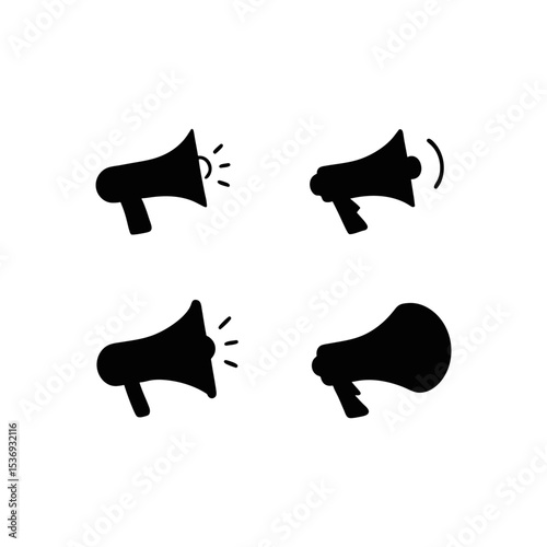 Four black megaphone icons arranged in a square pattern on a white background view