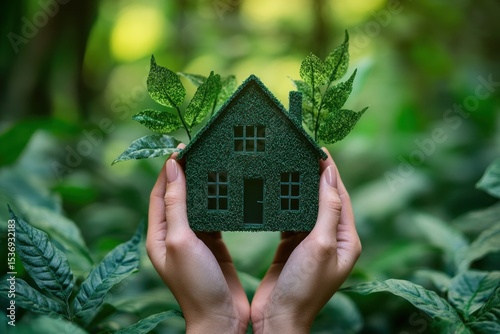 Hands hold small green house with leaves