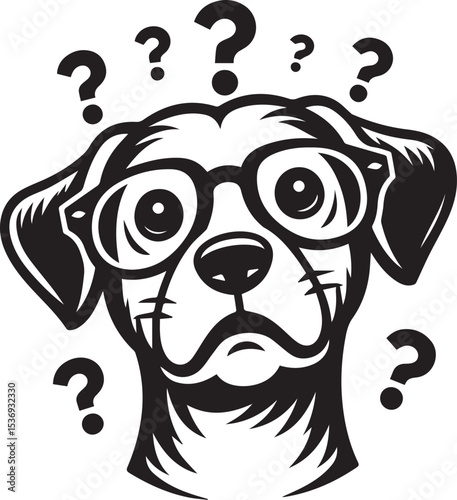Curious dog wearing glasses surrounded by question marks a fun vector illustration perfect for websites blogs and social media posts
