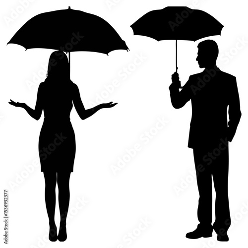 Silhouette of woman with arms outstretched and man holding umbrella in black and white