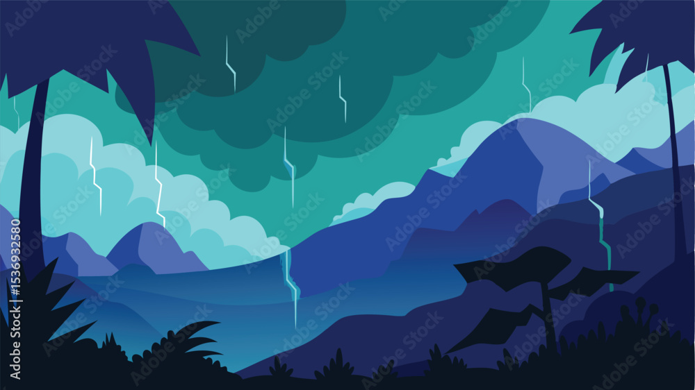 Obraz premium Jungle Scene in Rain with Dense Foliage