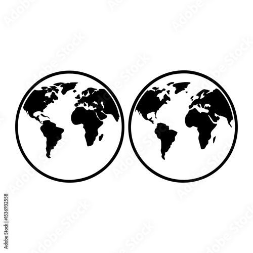 Two circular world maps in black and white showing continents and oceans outline