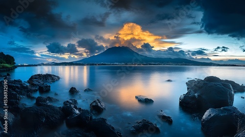 Panoramic view of Sakurajima volcano across the bay photo