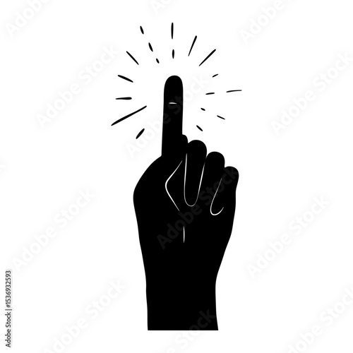 A black silhouette of a hand with the index finger pointing up with light rays