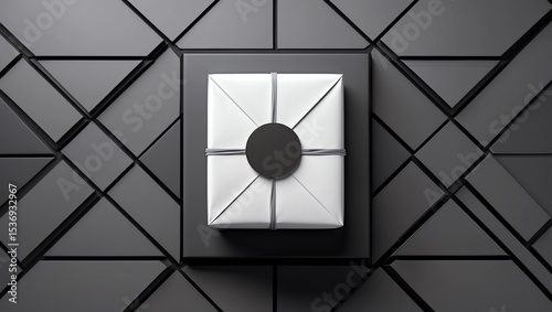 Black Box with White wrapping paper and label sticker. 3d rendering