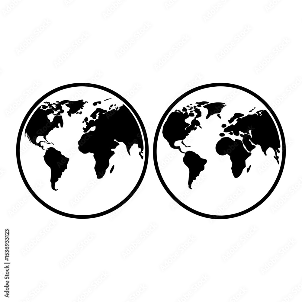 Fototapeta premium Two black and white world maps in circles showing continents and oceans side by side