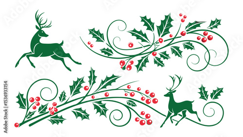 Elegant Christmas Design with Reindeer and Holly Berry Vines on White