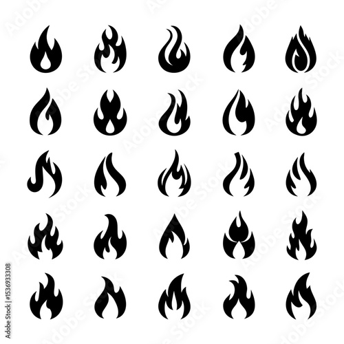 Collection of twenty four black flame icons in various shapes on a white background