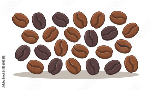 Vector illustration featuring a scattered arrangement of roasted coffee beans,  elliptical shapes, slightly asymmetrical for realism, easily scalable and editable.