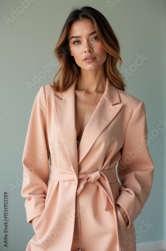 A woman posing for a photo wearing a bright pink coat, ready to be captured