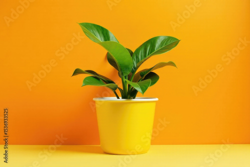 A potted plant with bright yellow leaves sits on an orange wall, creating a pop of color