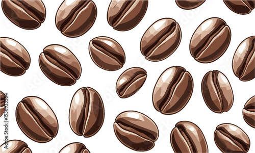 Vector illustration featuring a scattered arrangement of roasted coffee beans,  elliptical shapes, slightly asymmetrical for realism, easily scalable and editable.
