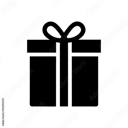 A simple black and white graphic of a gift box with a bow on a white background