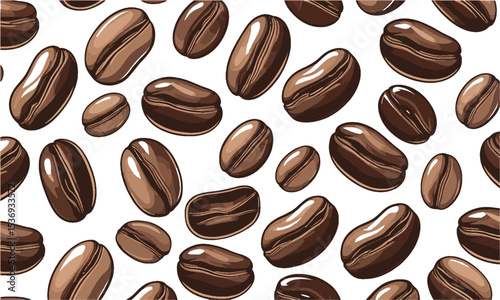Vector illustration featuring a scattered arrangement of roasted coffee beans,  elliptical shapes, slightly asymmetrical for realism, easily scalable and editable.