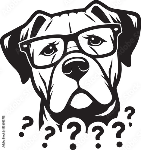 Curious dog wearing glasses surrounded by question marks a fun vector illustration perfect for websites blogs and social media posts