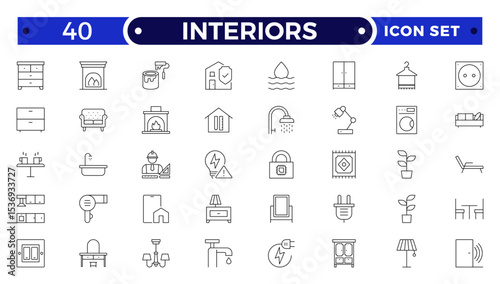 Interior and furniture Outline icon set. Thin line editable stroke icons for interior design, decoration, home styling, appliances, renovation, architecture.