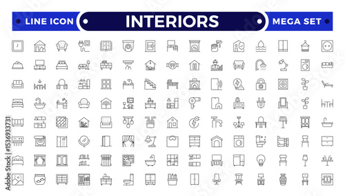 Interior and furniture Outline icon set. Thin line editable stroke icons for interior design, decoration, home styling, appliances, renovation, architecture.