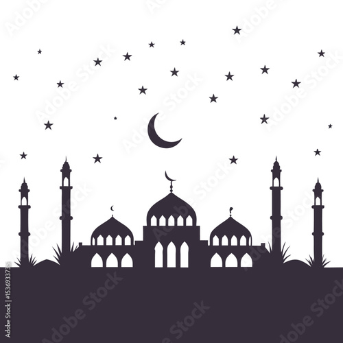 Silhouette of a mosque with minarets under a crescent moon and many stars in the sky