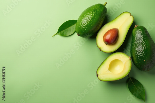 Three ripe avocados on a green surface with leaves, ideal for food and wellness related concepts