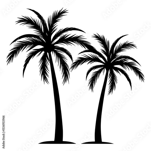 Silhouette of two palm trees with fronds extending outward on a white background