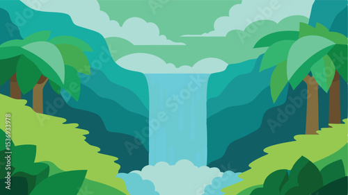 Vibrant Jungle Sunset Behind Waterfall Landscape