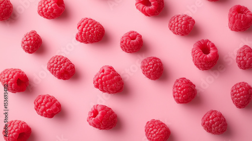 A flat lay composition showcases delicious ripe raspberries scattered beautifully on a pink background.


