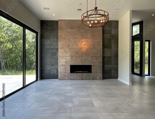Modern great room with a fireplace and large windows