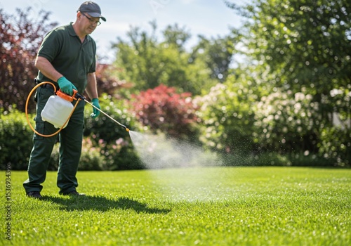 Man spraying liquid on green lawn. Pest control and fertilizing concept for garden and yard maintenance service.
