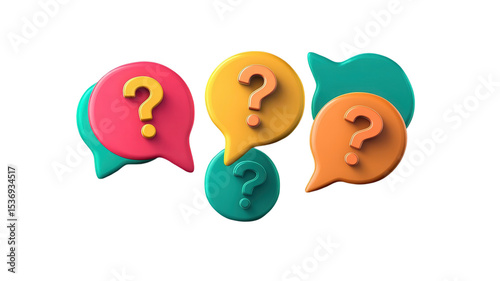 Vibrant colorful speech bubbles with question marks displayed in a playful arrangement suggesting inquiry and curiosity in a digital design.