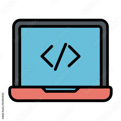 Flat color clipart of a laptop with coding symbols vector illustration on white background